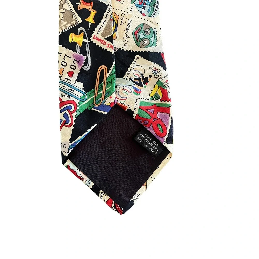 NICOLE MILLER VINTAGE 90s Novelty Print US Postage Stamp Silk Tie